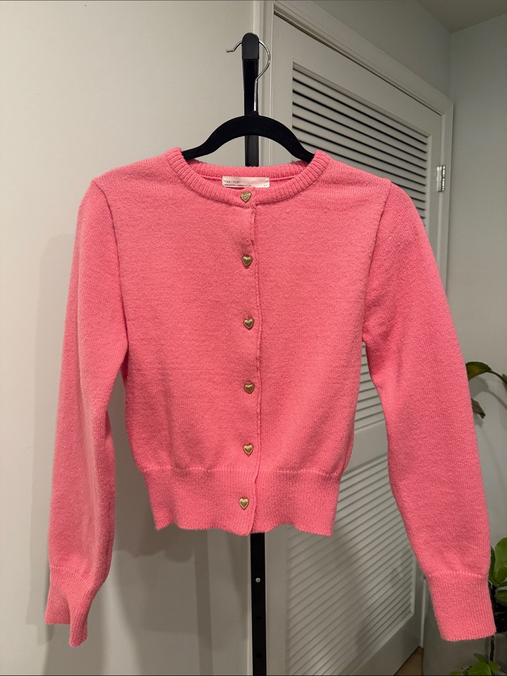 OAK + FORT Pink Heart-Button Crewneck Cardigan